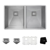 KRAUS Pax Zero-Radius Double Bowl 31 1/2" 16 Gauge (1.5mm Thick) Stainless Steel Kitchen Sink with NoiseDefend™ Soundproofing