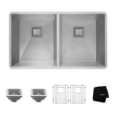 KRAUS Pax Zero-Radius Double Bowl 31 1/2" 16 Gauge (1.5mm Thick) Stainless Steel Kitchen Sink with NoiseDefend™ Soundproofing